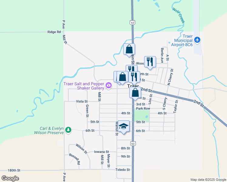 map of restaurants, bars, coffee shops, grocery stores, and more near 423 2nd Street in Traer