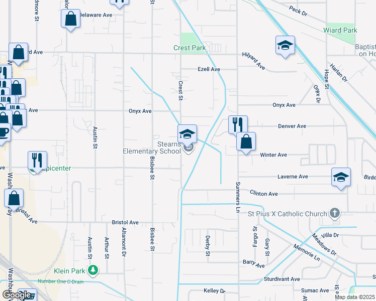 map of restaurants, bars, coffee shops, grocery stores, and more near 3641 Crest Street in Klamath Falls
