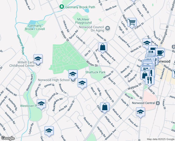 map of restaurants, bars, coffee shops, grocery stores, and more near 40 Shattuck Park Road in Norwood