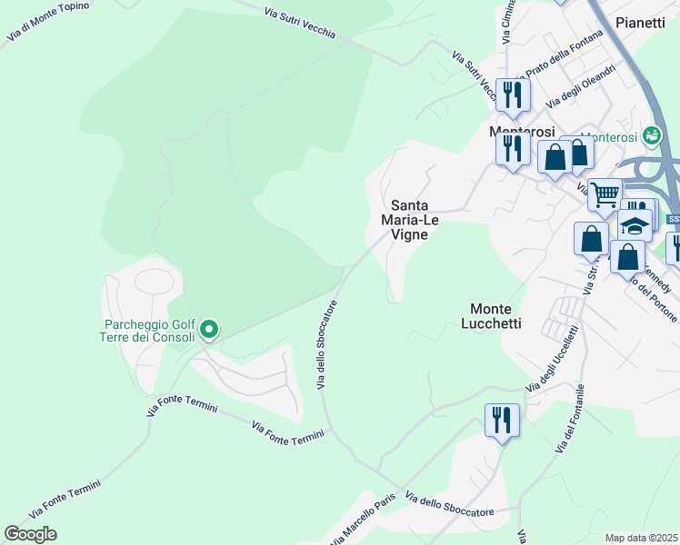 map of restaurants, bars, coffee shops, grocery stores, and more near 1 Via Terre dei Consoli in Provincia di Viterbo