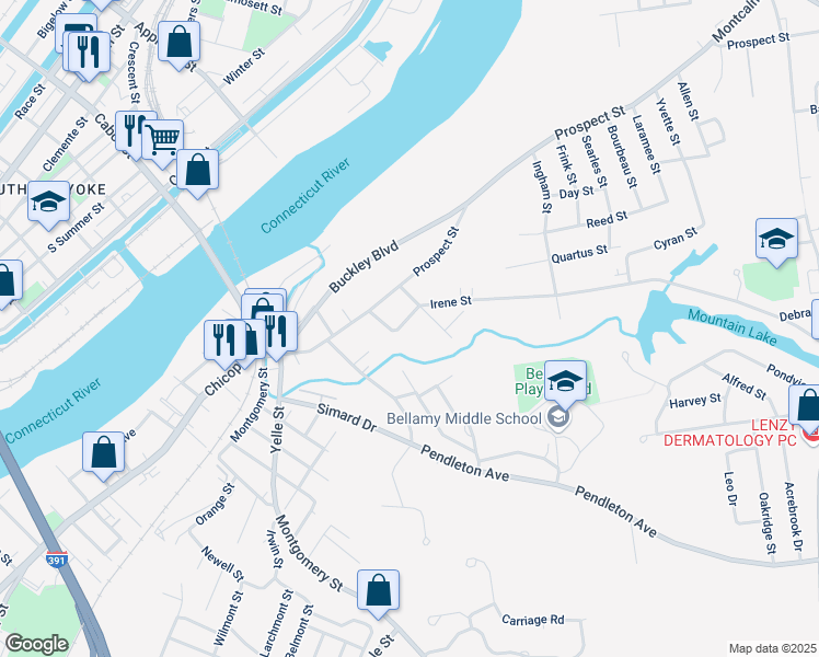 map of restaurants, bars, coffee shops, grocery stores, and more near 18 Emery Street in Chicopee