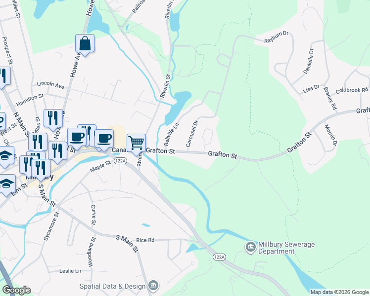 map of restaurants, bars, coffee shops, grocery stores, and more near 7 Carousel Drive in Millbury
