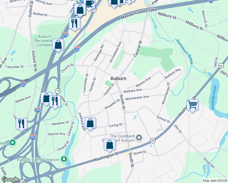 map of restaurants, bars, coffee shops, grocery stores, and more near 135 Central Street in Auburn