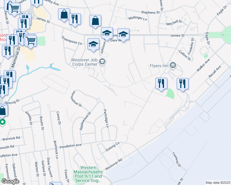 map of restaurants, bars, coffee shops, grocery stores, and more near 210 Johnson Road in Chicopee