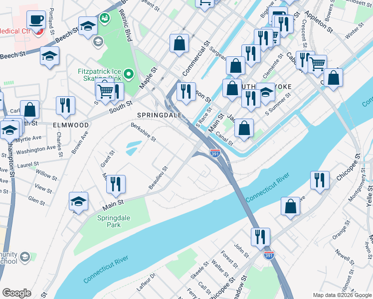 map of restaurants, bars, coffee shops, grocery stores, and more near 667 Main Street in Holyoke