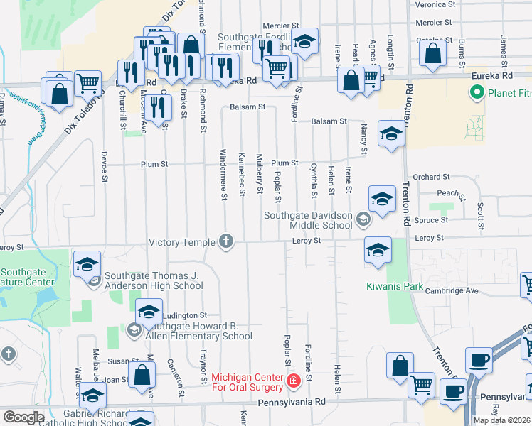 map of restaurants, bars, coffee shops, grocery stores, and more near 15655 Mulberry Street in Southgate