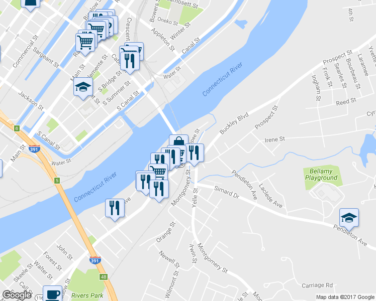 map of restaurants, bars, coffee shops, grocery stores, and more near 203 North Chicopee Street in Chicopee