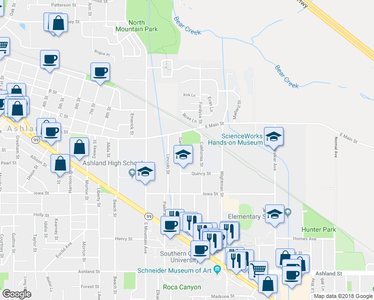 map of restaurants, bars, coffee shops, grocery stores, and more near 49 California Street in Ashland