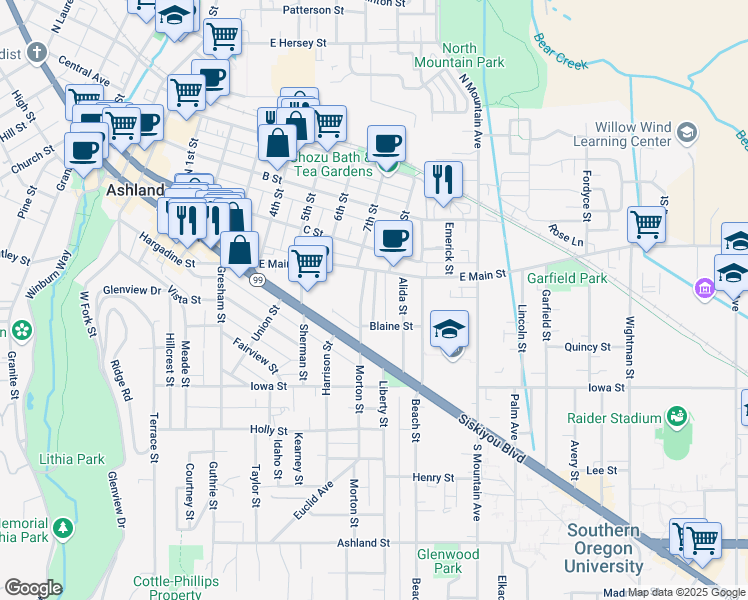 map of restaurants, bars, coffee shops, grocery stores, and more near 47 Alida Street in Ashland