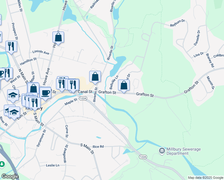 map of restaurants, bars, coffee shops, grocery stores, and more near 6 Bellville Lane in Millbury