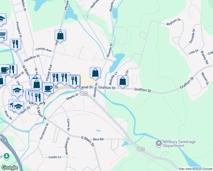 map of restaurants, bars, coffee shops, grocery stores, and more near 6 Bellville Lane in Millbury