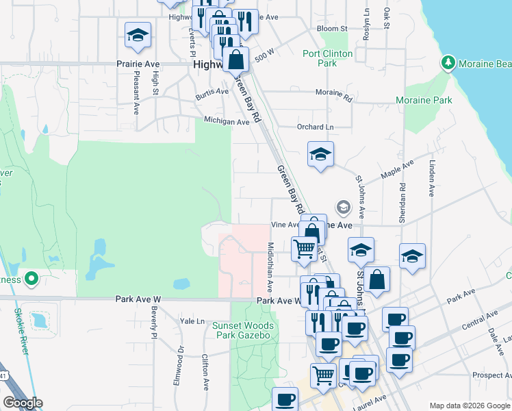 map of restaurants, bars, coffee shops, grocery stores, and more near 614 Onwentsia Avenue in Highland Park