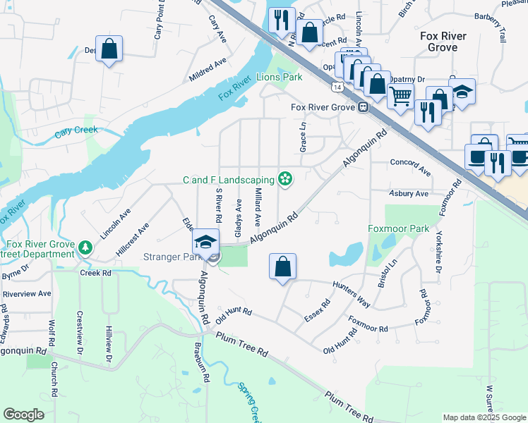 map of restaurants, bars, coffee shops, grocery stores, and more near 213 Millard Avenue in Fox River Grove