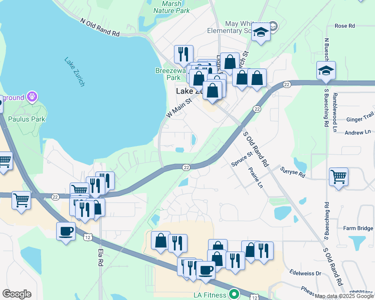 map of restaurants, bars, coffee shops, grocery stores, and more near 74 Mionske Drive in Lake Zurich
