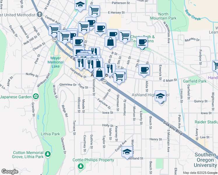 map of restaurants, bars, coffee shops, grocery stores, and more near 514 Siskiyou Boulevard in Ashland