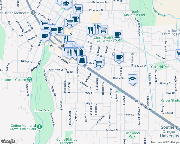map of restaurants, bars, coffee shops, grocery stores, and more near 514 Siskiyou Boulevard in Ashland