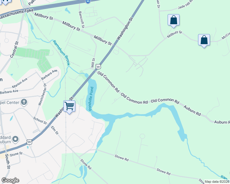 map of restaurants, bars, coffee shops, grocery stores, and more near 54 Old Common Road in Auburn