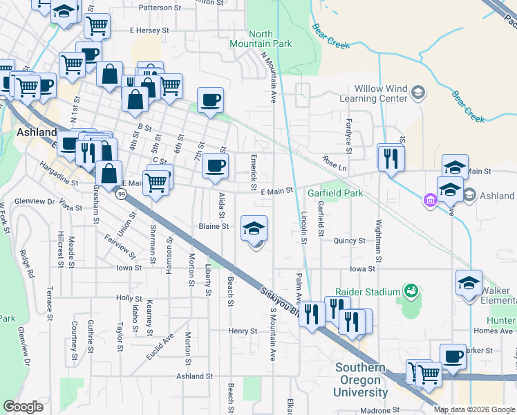 map of restaurants, bars, coffee shops, grocery stores, and more near 73 South Mountain Avenue in Ashland