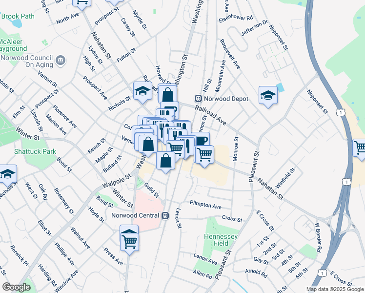 map of restaurants, bars, coffee shops, grocery stores, and more near 20 Broadway in Norwood