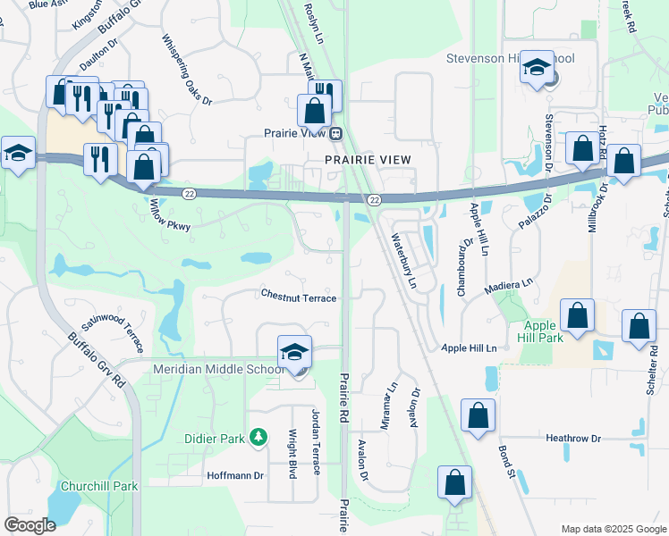 map of restaurants, bars, coffee shops, grocery stores, and more near 13 Willow Parkway in Buffalo Grove