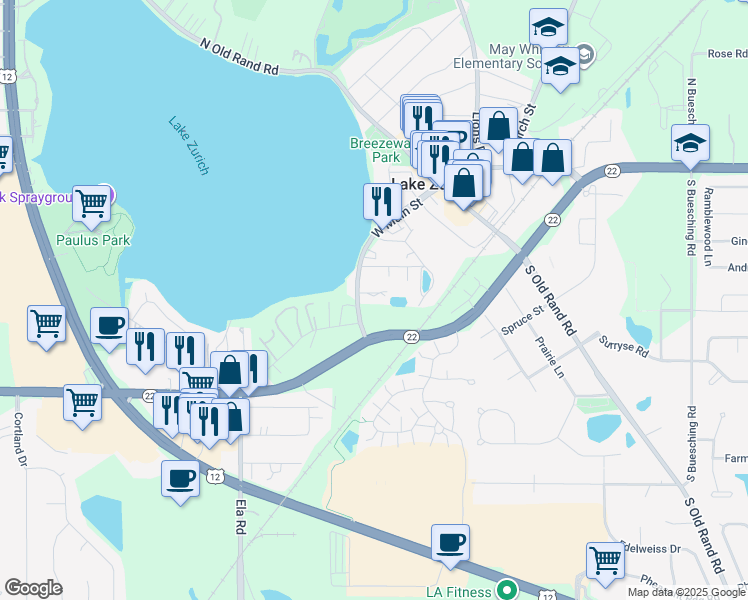 map of restaurants, bars, coffee shops, grocery stores, and more near 245 West Main Street in Lake Zurich
