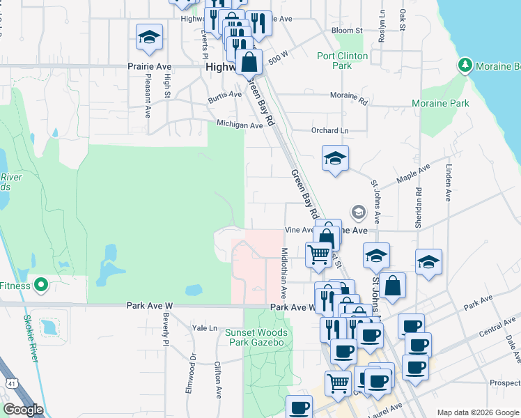 map of restaurants, bars, coffee shops, grocery stores, and more near 628 Onwentsia Avenue in Highland Park
