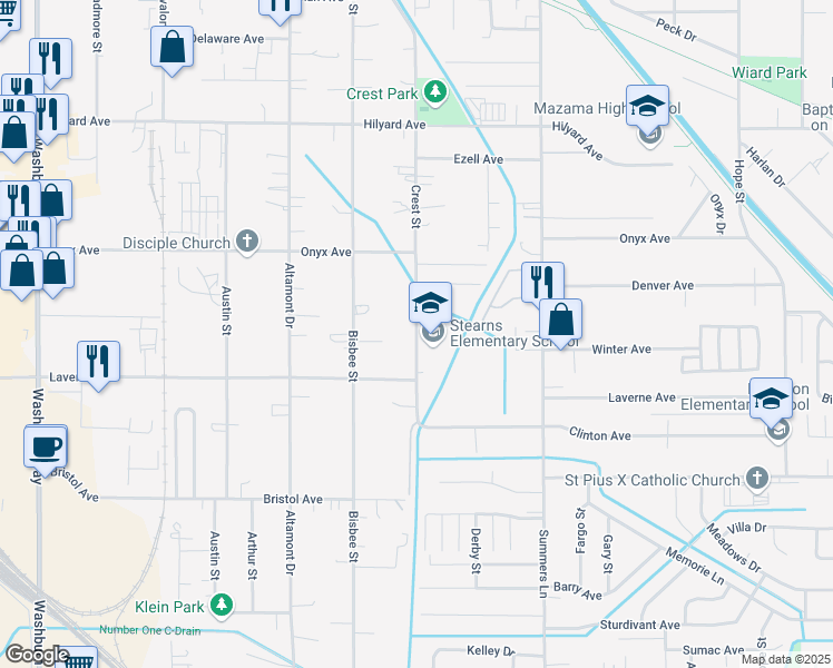 map of restaurants, bars, coffee shops, grocery stores, and more near 3641 Crest Street in Klamath Falls