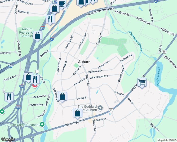 map of restaurants, bars, coffee shops, grocery stores, and more near 1 Barbara Avenue in Auburn