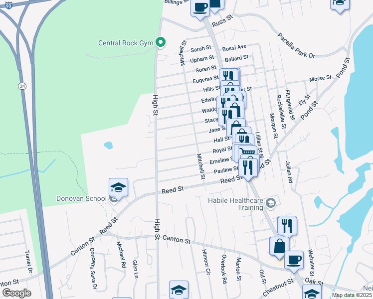 map of restaurants, bars, coffee shops, grocery stores, and more near 42 Hall Street in Randolph