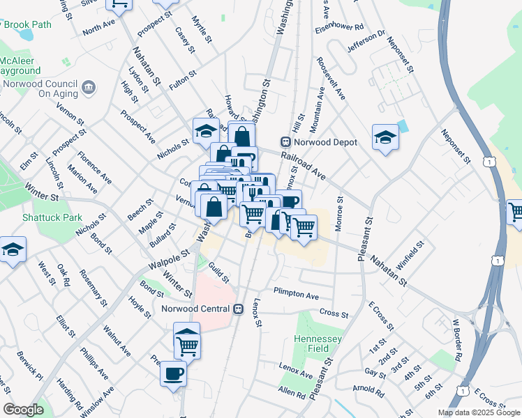 map of restaurants, bars, coffee shops, grocery stores, and more near 20 Broadway in Norwood