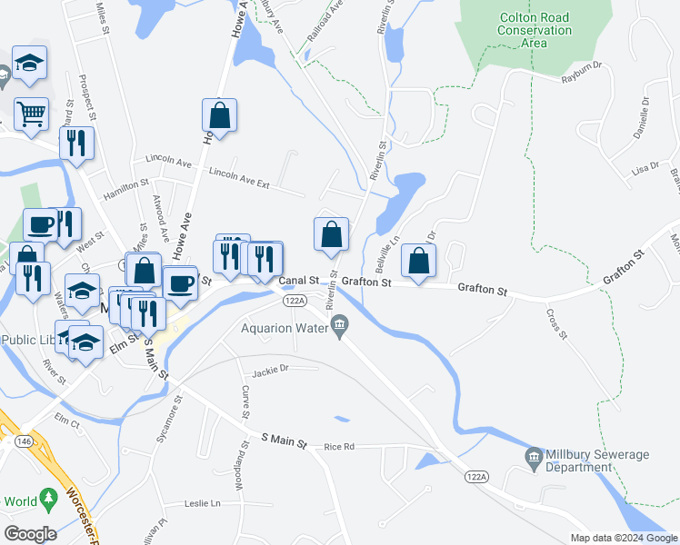 map of restaurants, bars, coffee shops, grocery stores, and more near 20 Riverlin Street in Millbury