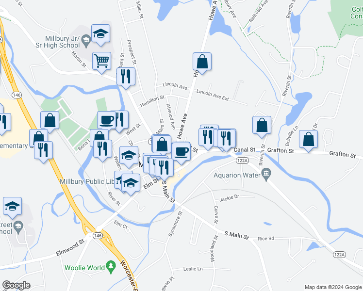 map of restaurants, bars, coffee shops, grocery stores, and more near 17A Canal Street in Millbury