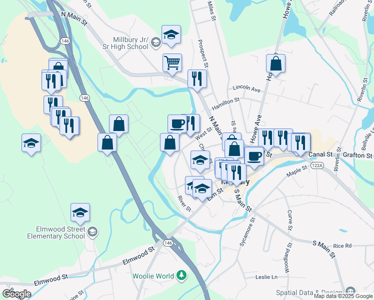 map of restaurants, bars, coffee shops, grocery stores, and more near 21 West Street in Millbury