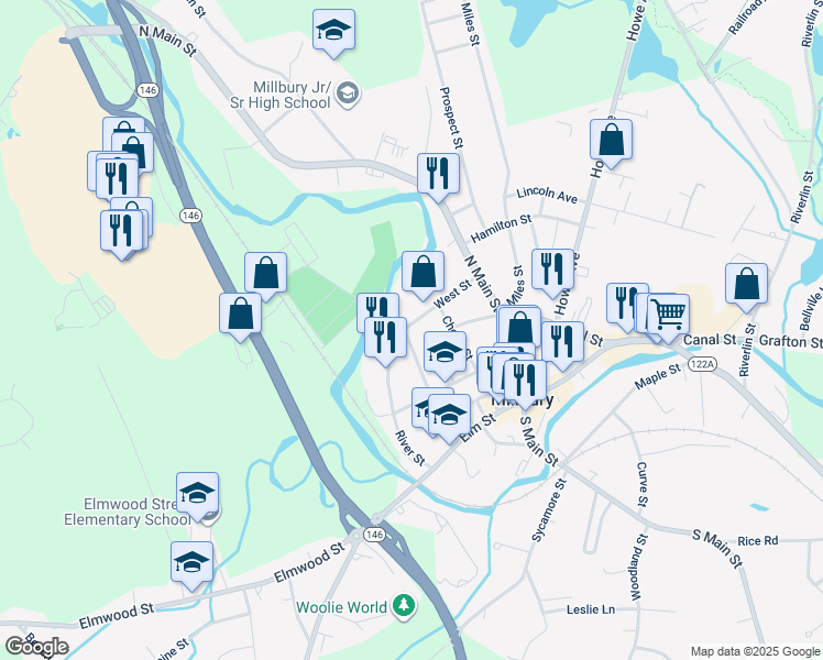 map of restaurants, bars, coffee shops, grocery stores, and more near 21 West Street in Millbury