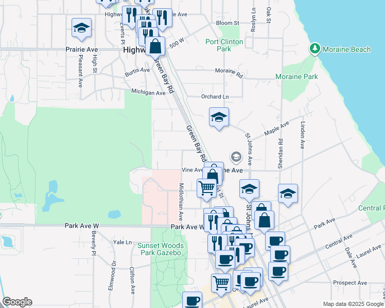 map of restaurants, bars, coffee shops, grocery stores, and more near 566 Onwentsia Avenue in Highland Park