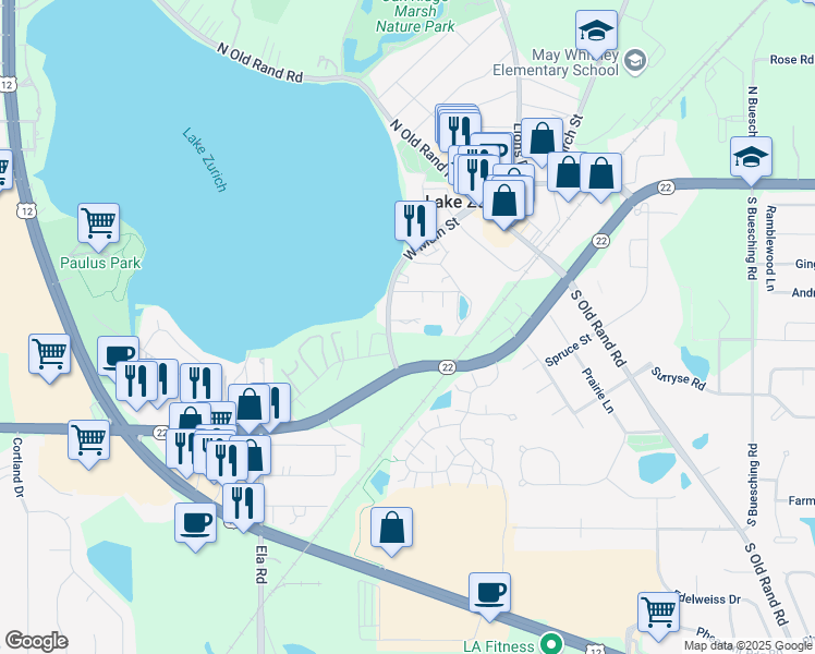 map of restaurants, bars, coffee shops, grocery stores, and more near 245 West Main Street in Lake Zurich