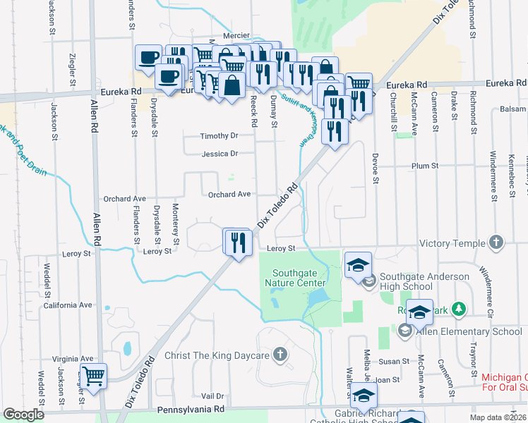 map of restaurants, bars, coffee shops, grocery stores, and more near 16101 Orchard Avenue in Southgate