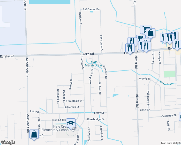 map of restaurants, bars, coffee shops, grocery stores, and more near 15212 Orchard Court in Romulus