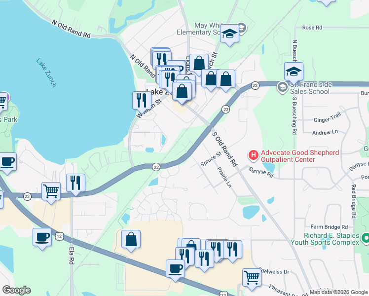 map of restaurants, bars, coffee shops, grocery stores, and more near 181 Canterbury Way in Lake Zurich
