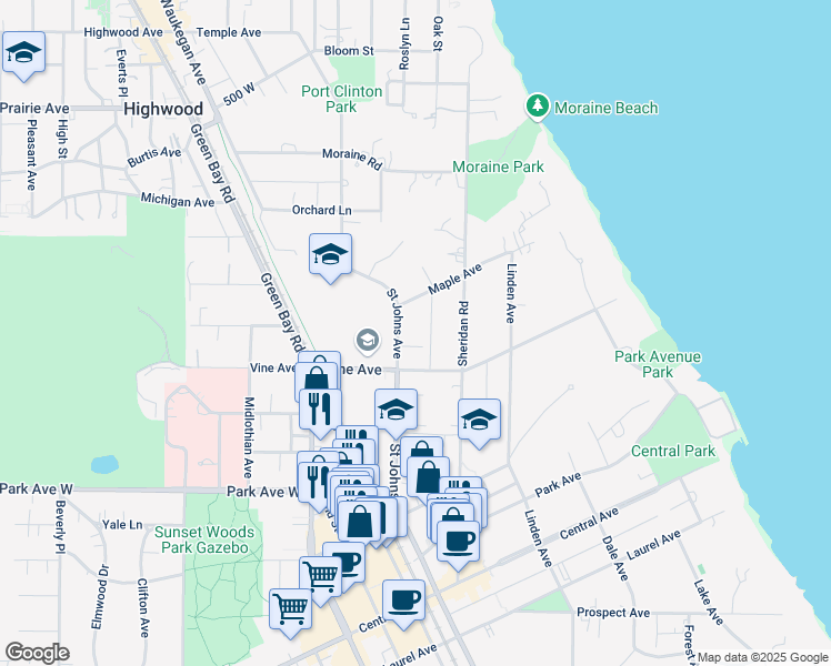 map of restaurants, bars, coffee shops, grocery stores, and more near 2255 Saint Johns Avenue in Highland Park