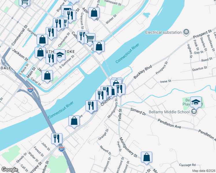 map of restaurants, bars, coffee shops, grocery stores, and more near 19 Emerson Street in Chicopee