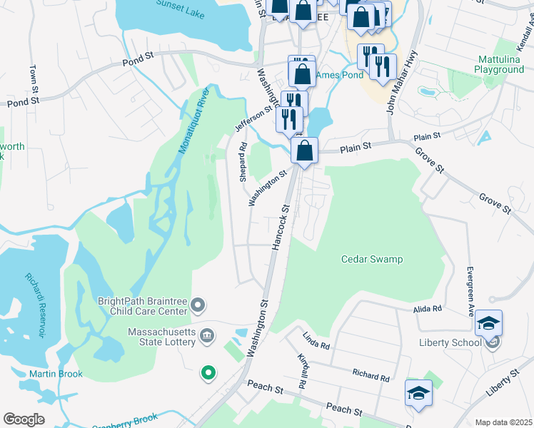map of restaurants, bars, coffee shops, grocery stores, and more near 19 Smith Street in Braintree