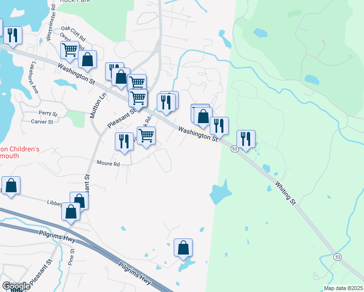 map of restaurants, bars, coffee shops, grocery stores, and more near 28 White Oaks Lane in Weymouth