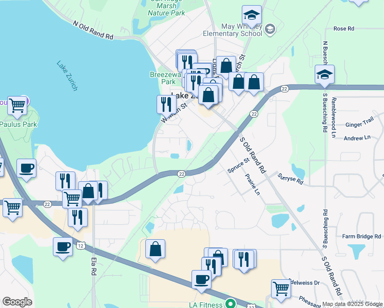 map of restaurants, bars, coffee shops, grocery stores, and more near 74 Mionske Drive in Lake Zurich