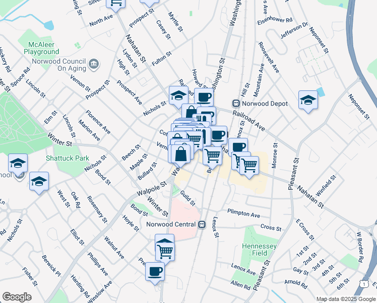map of restaurants, bars, coffee shops, grocery stores, and more near 15 Cottage Street East in Norwood
