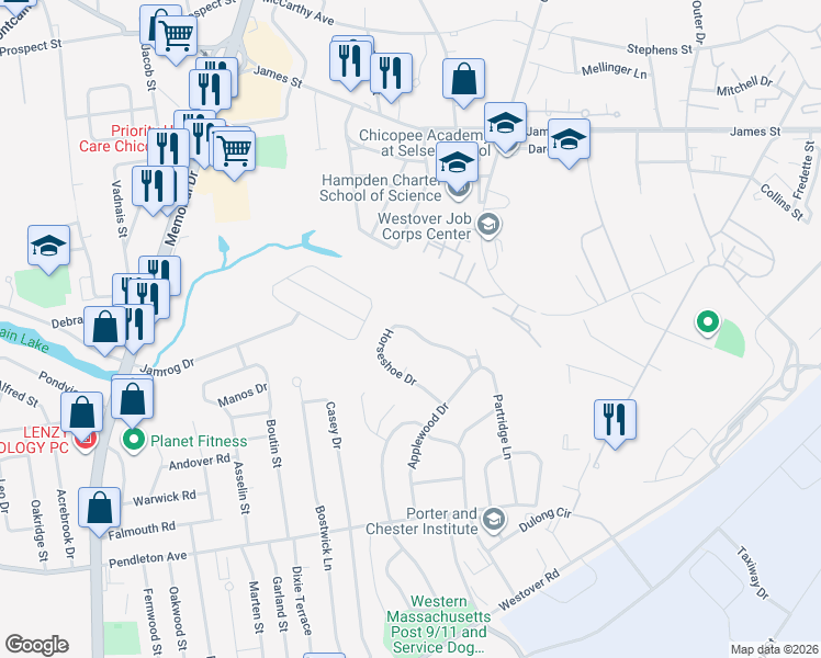 map of restaurants, bars, coffee shops, grocery stores, and more near 131 Horseshoe Drive in Chicopee