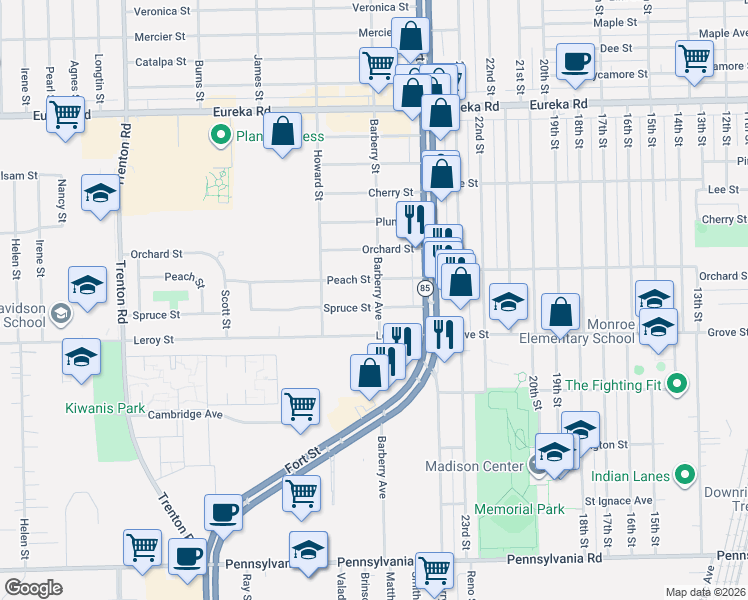 map of restaurants, bars, coffee shops, grocery stores, and more near 13012 Spruce Street in Southgate