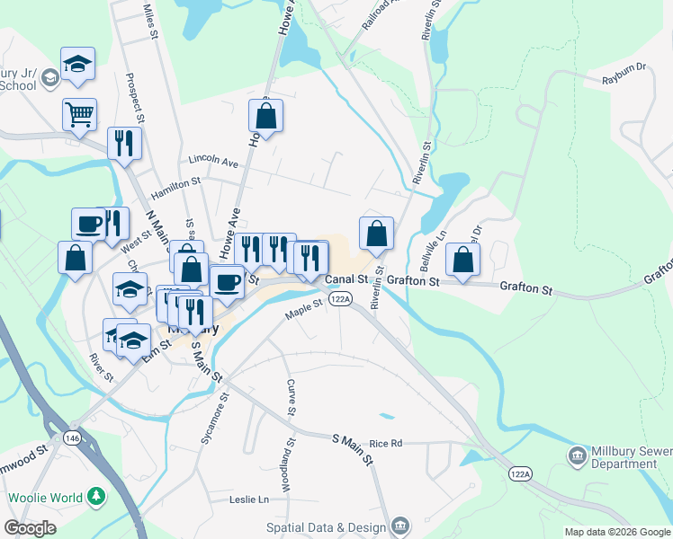 map of restaurants, bars, coffee shops, grocery stores, and more near 65 Canal Street in Millbury