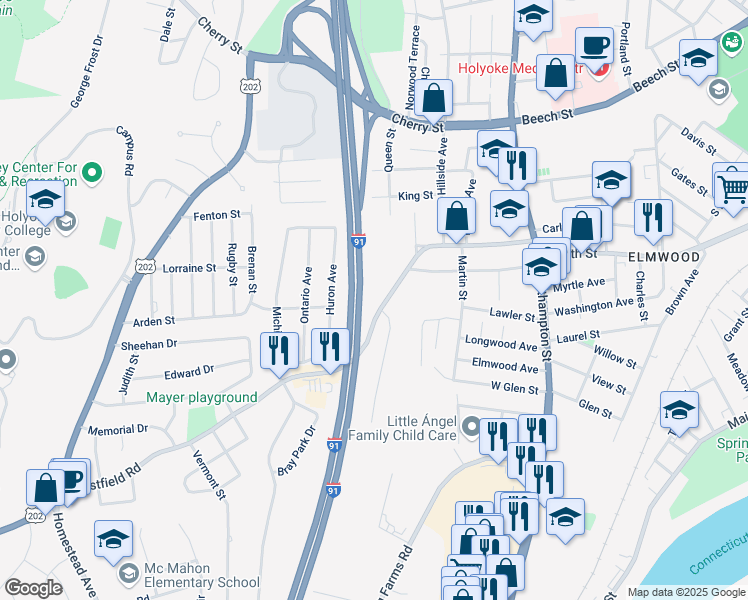 map of restaurants, bars, coffee shops, grocery stores, and more near 147 Westfield Road in Holyoke