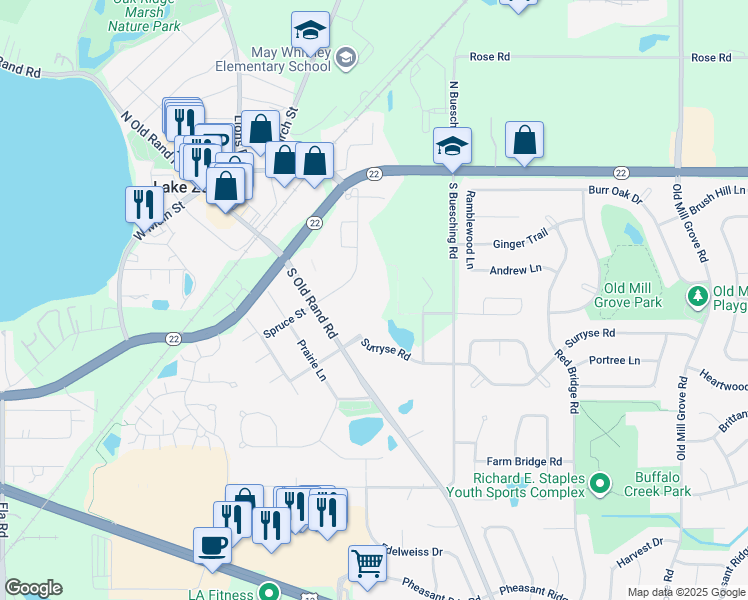 map of restaurants, bars, coffee shops, grocery stores, and more near 250 Mohawk Trail in Lake Zurich
